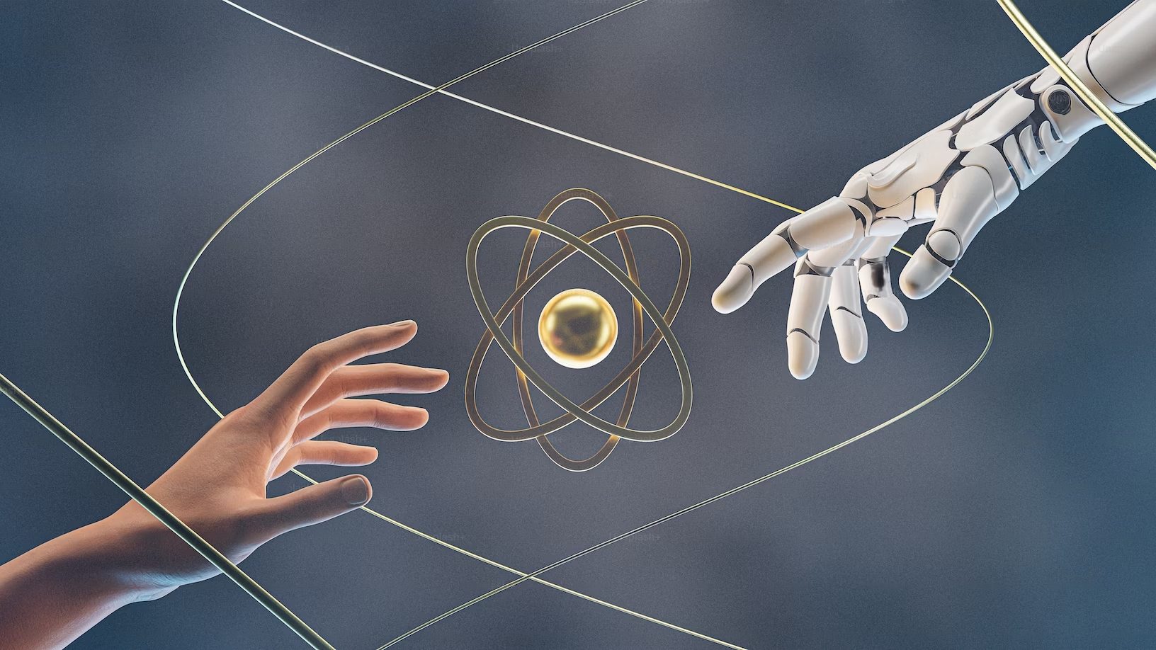 Une main humaine tendue vers une main robotique avec au centre un noyau d'atome.